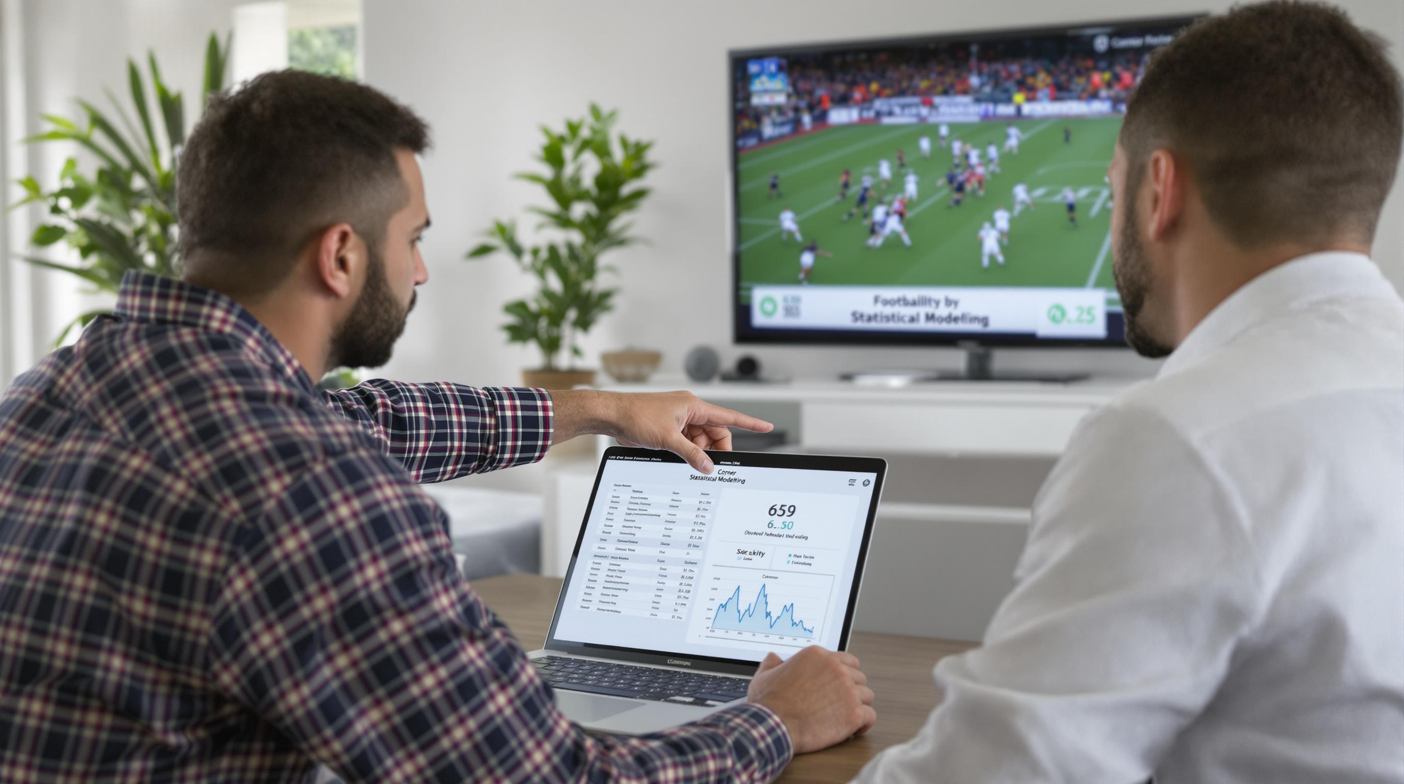 Two people analyzing football stats with 'Statistical Modeling' on TV graphic