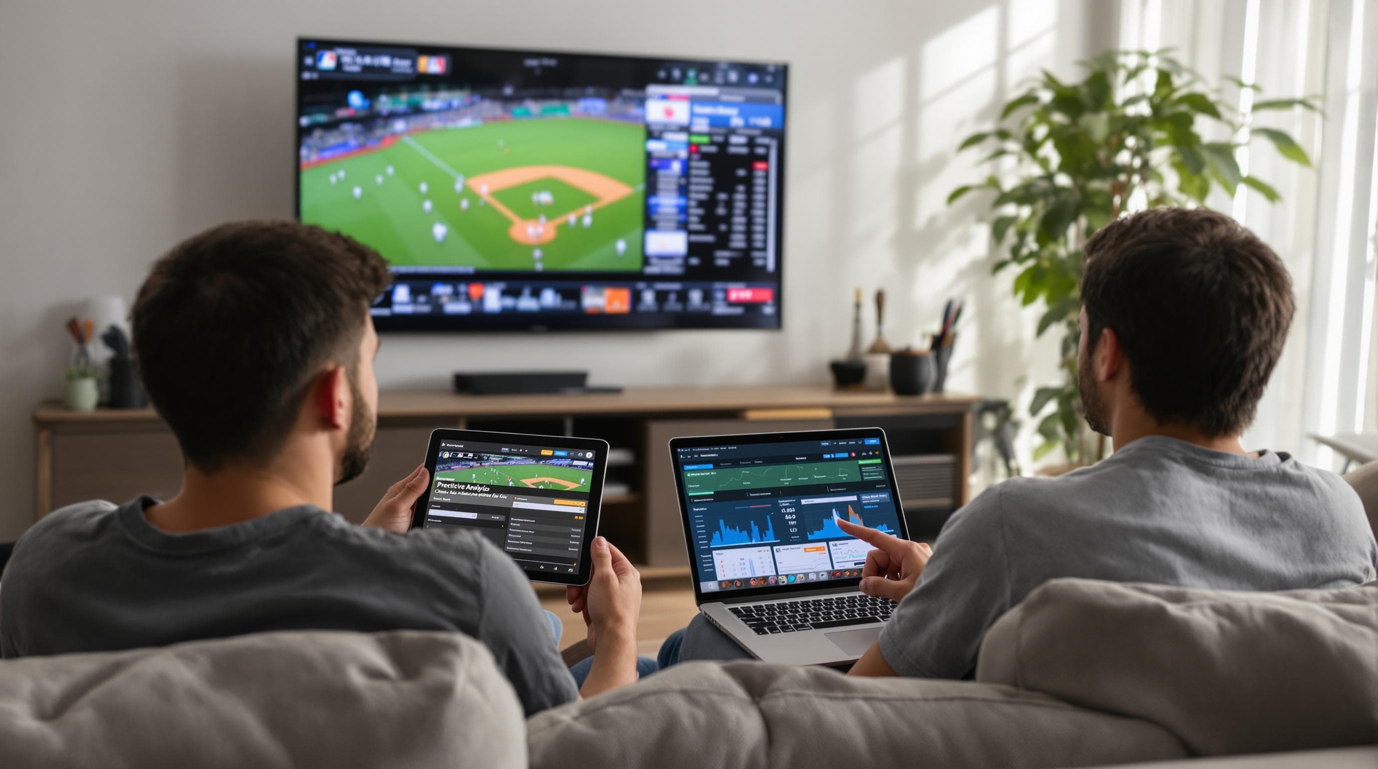 People watching MLB, checking tablet with predictive betting data