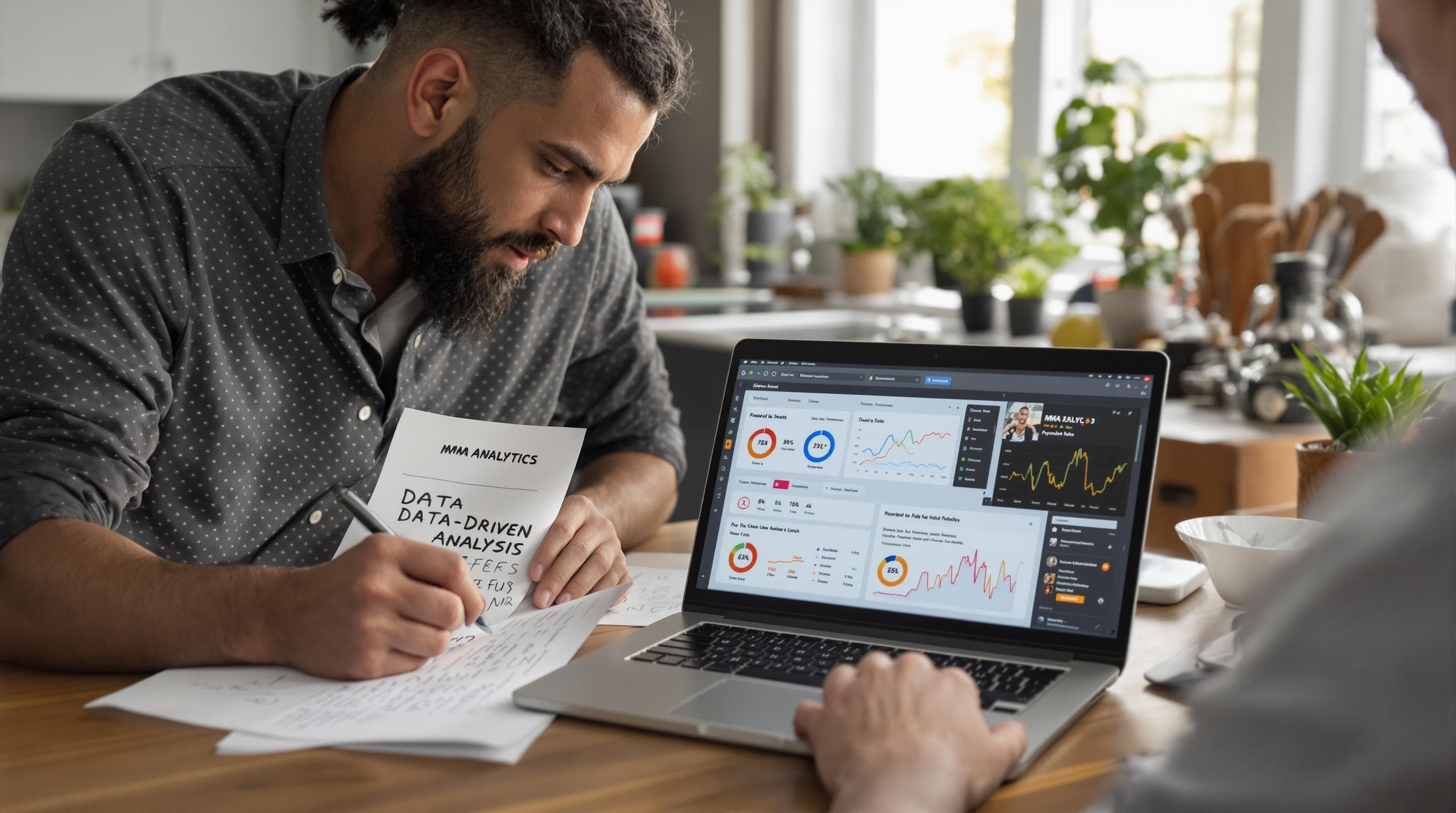 Two people analyzing MMA data and strategies, laptop shows 'Data-Driven Analysis'
