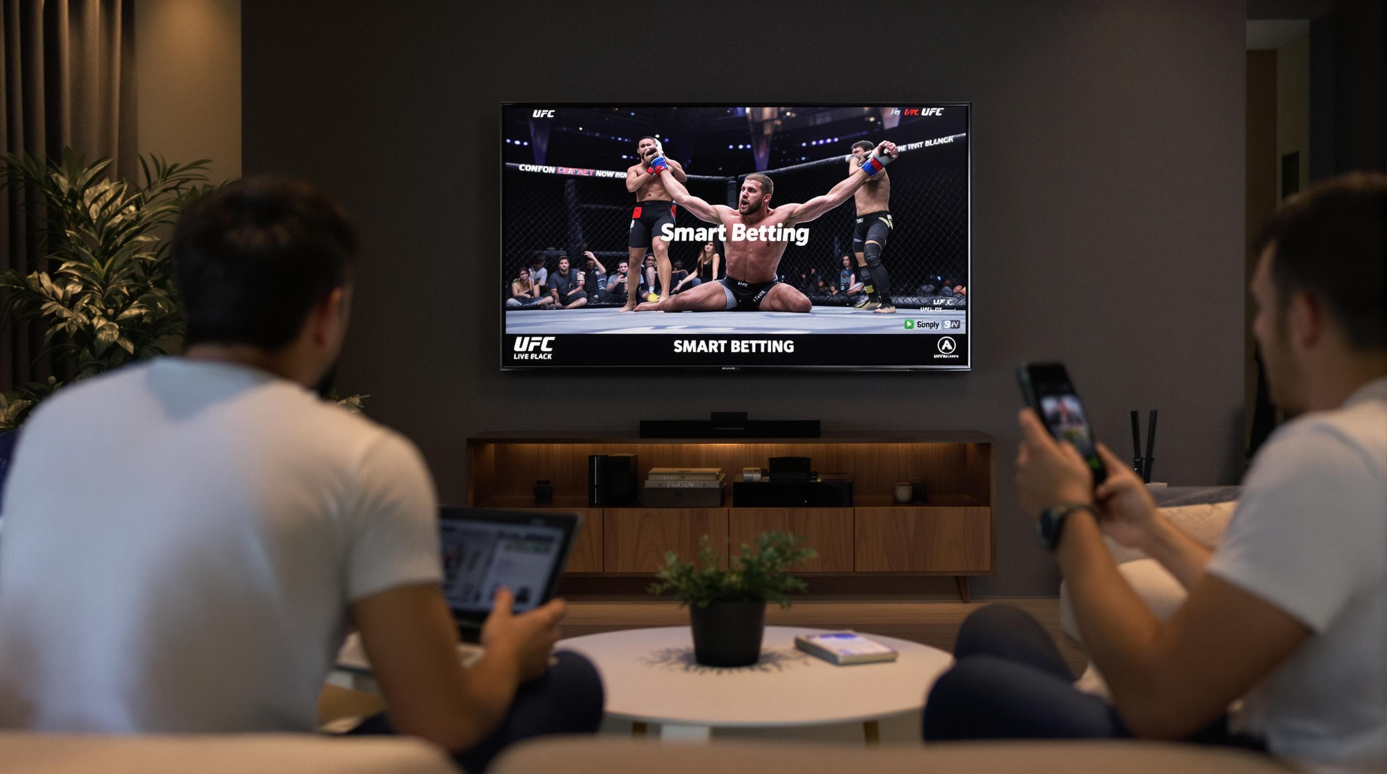 Group of people analyzing MMA fight and odds together, 'Smart Betting' text on screen