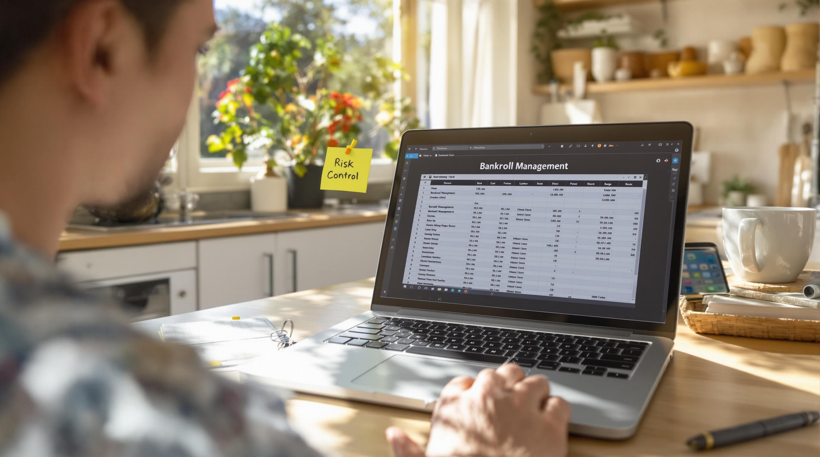 Focused person managing betting bankroll with risk control note