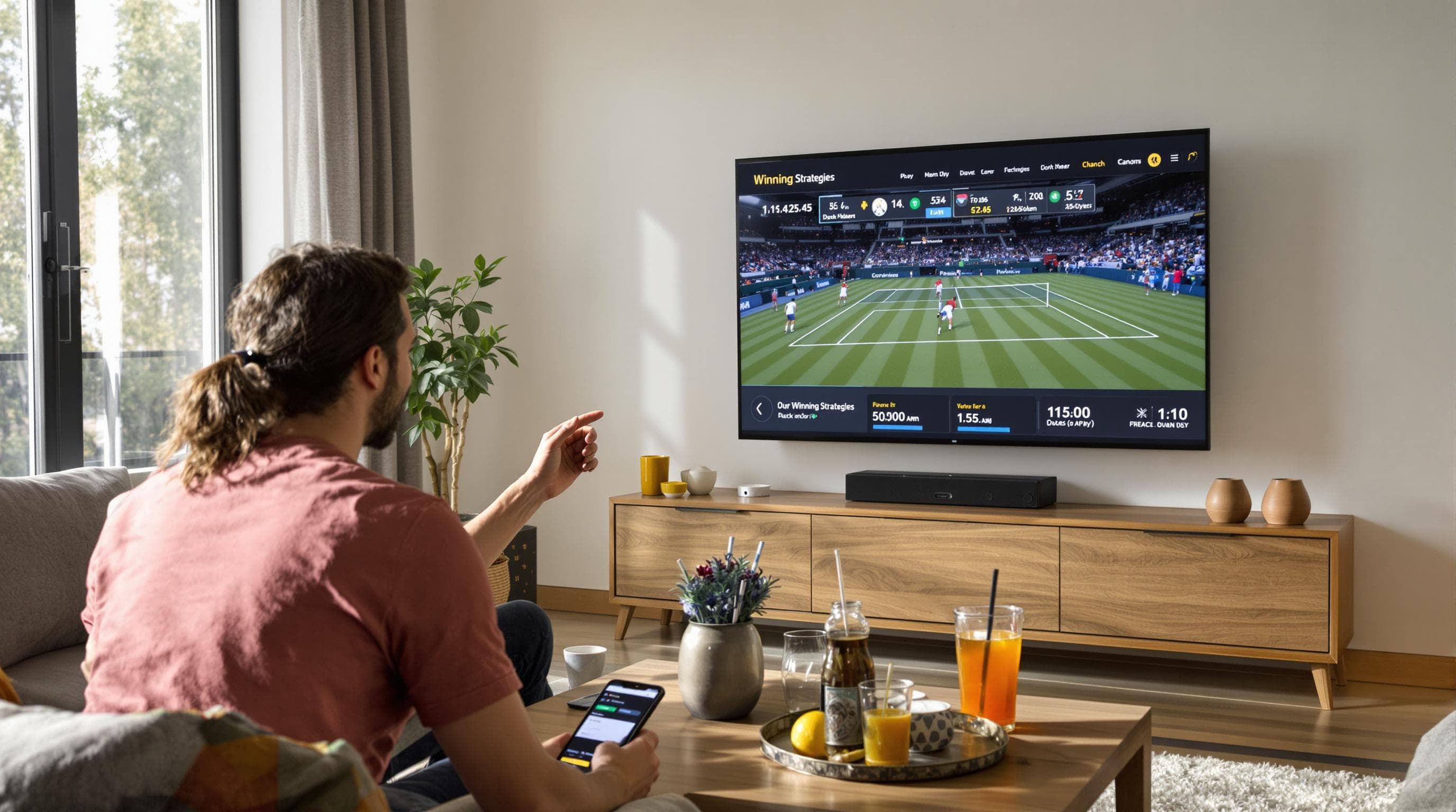 Friends betting on tennis match at home with strategy overlay