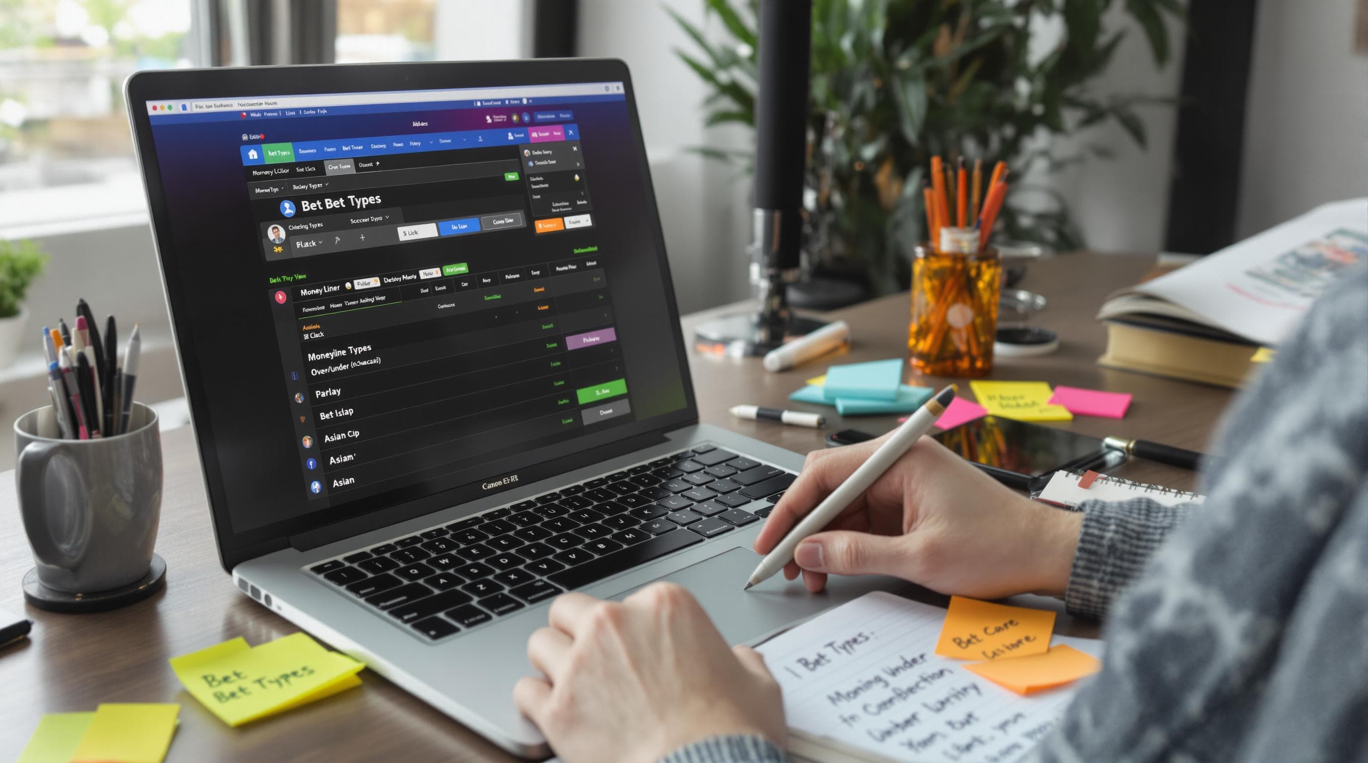 Person exploring soccer betting options on laptop with notepad