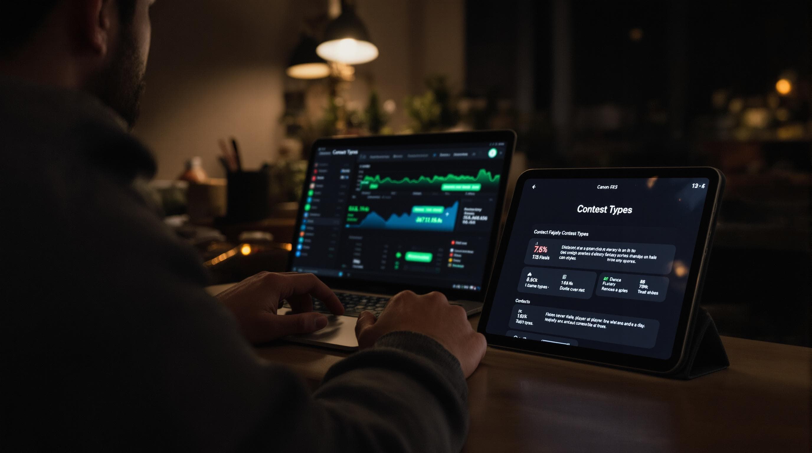 Person managing fantasy sports lineup showing contest types on tablet