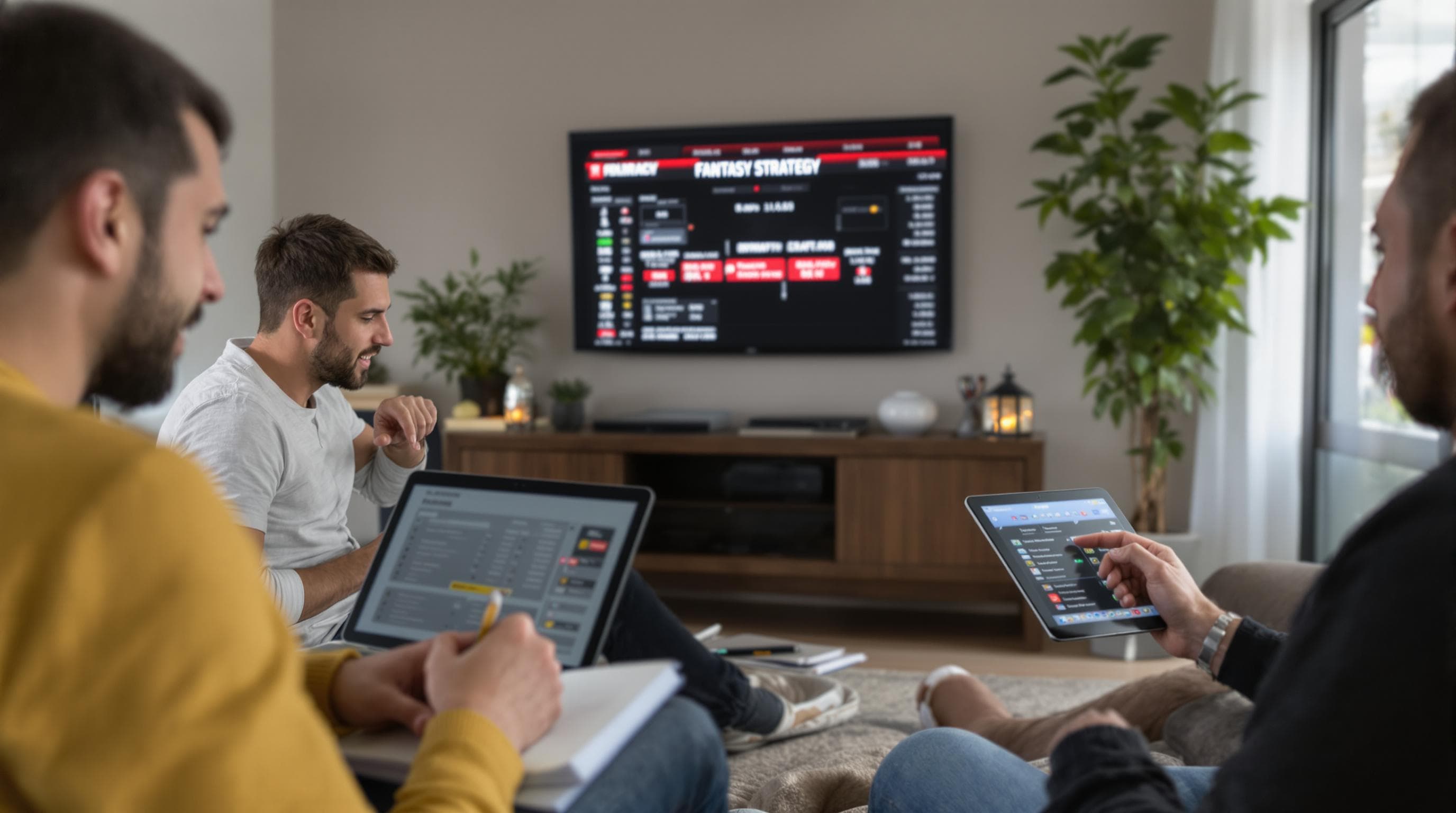 Friends using devices for fantasy sports with strategy keyword on TV