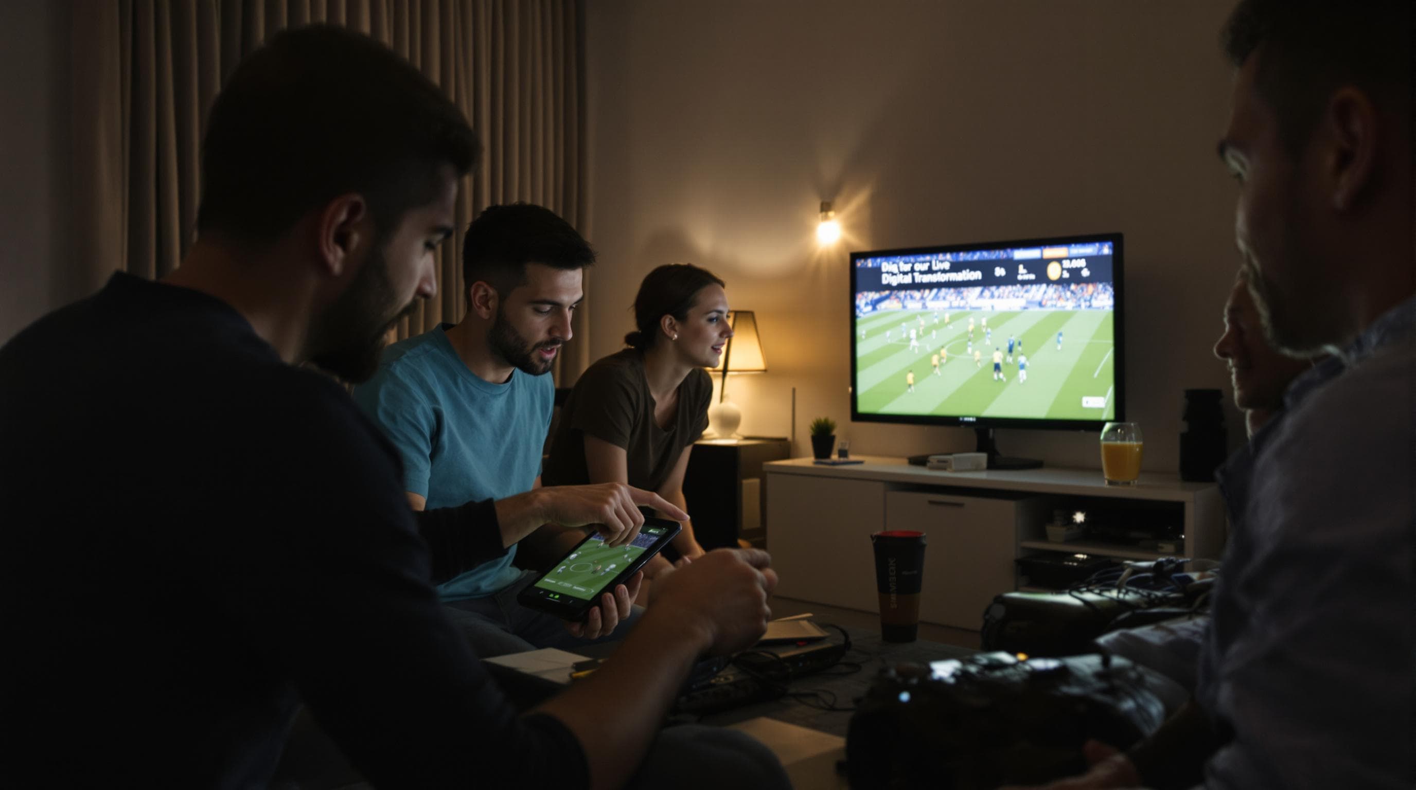 Friends in apartment using multiple devices for live online sports betting