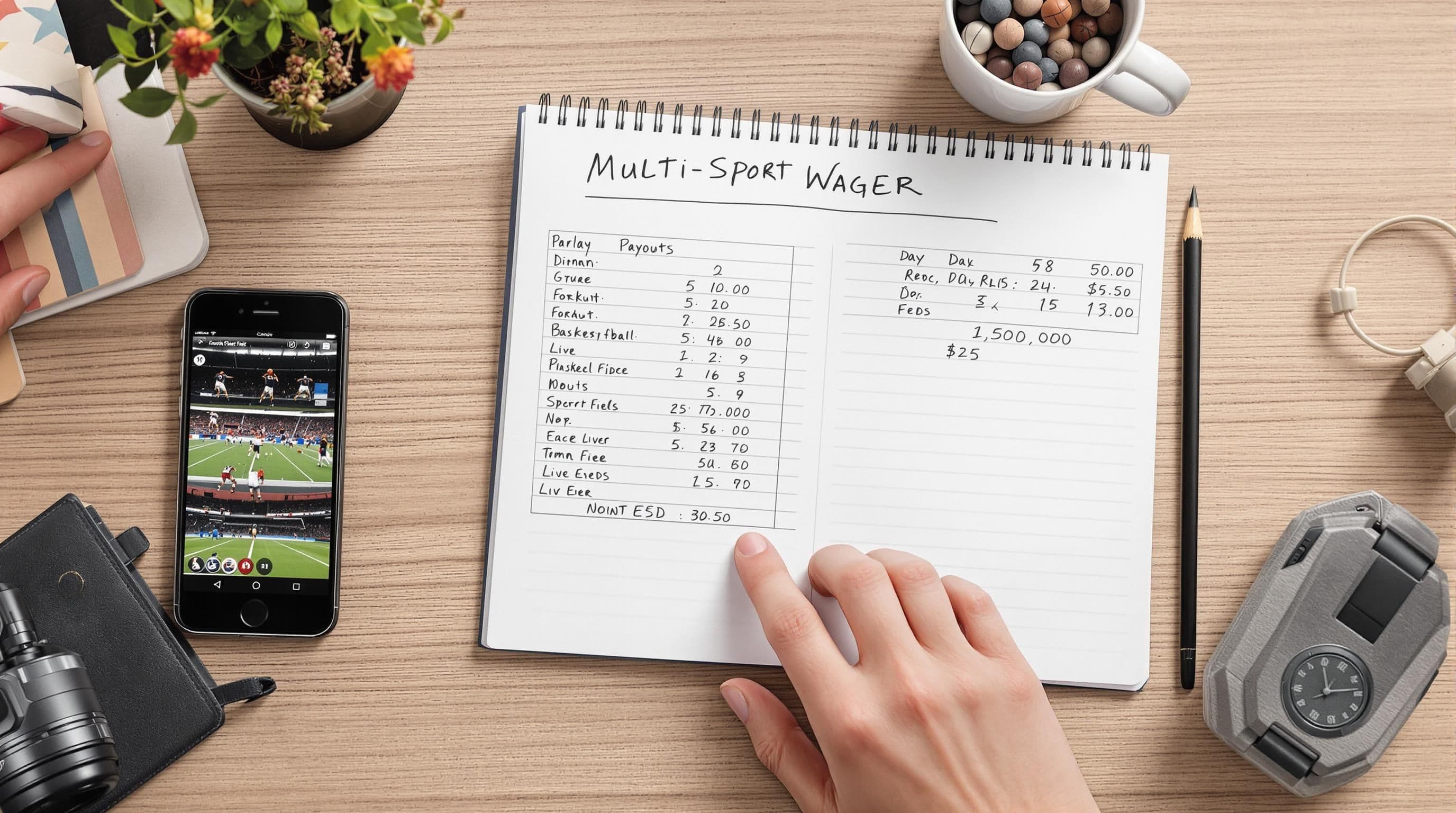 Tabletop parlay slip, sports on phone, notepad math and hand visible