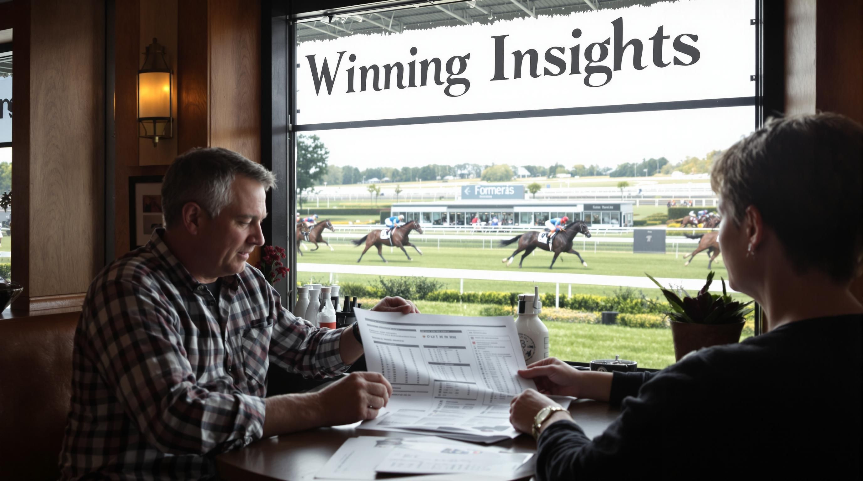 Bettors review horse racing form in lounge with 'Winning Insights' on display