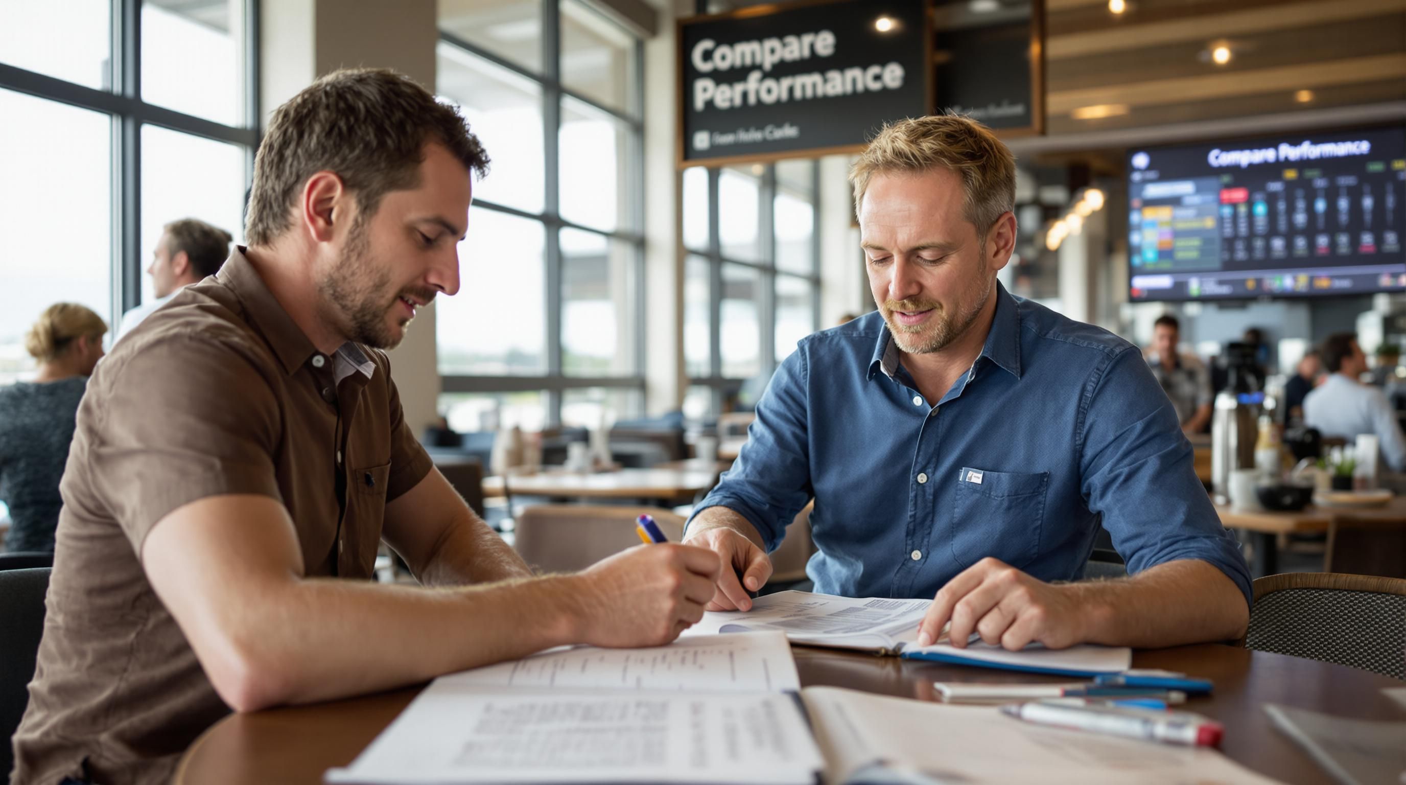 Bettors analyze racing forms and compare performance at trackside café