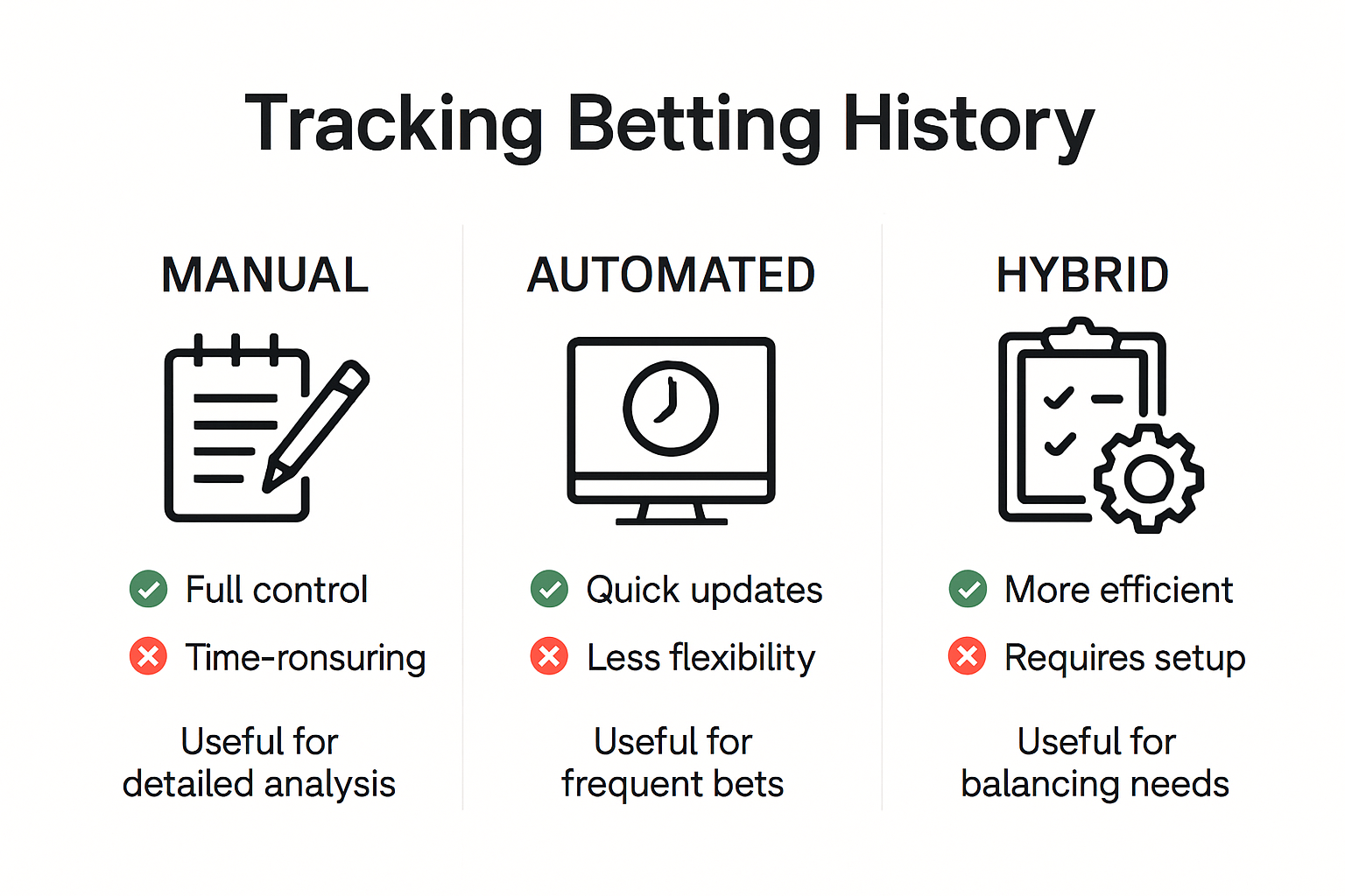 Infographic showing manual, automated, hybrid betting tracking methods and differences
