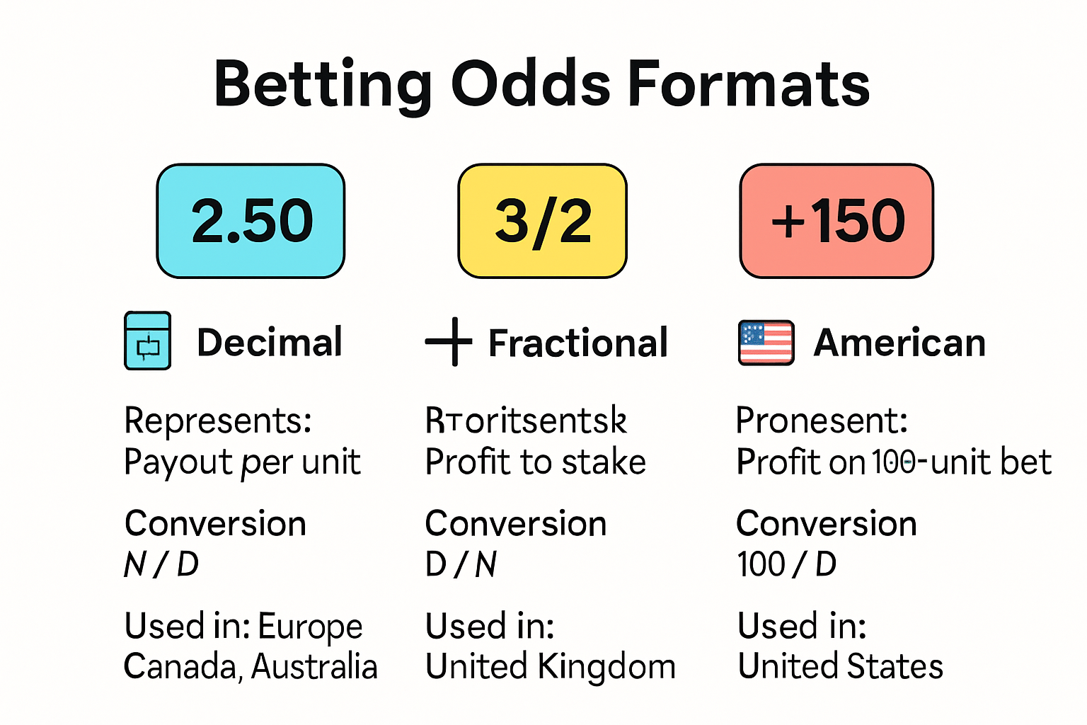 Infographic comparing decimal, fractional, and American odds formats