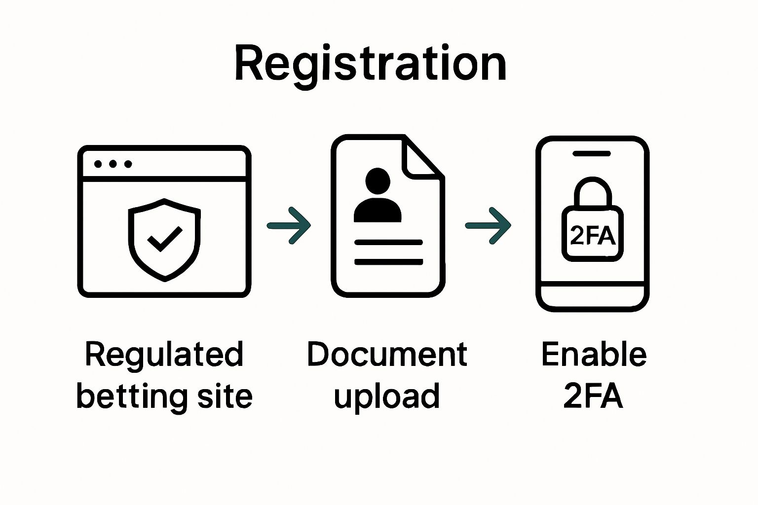 Three-step betting account setup infographic: choose site, verify ID, enable 2FA