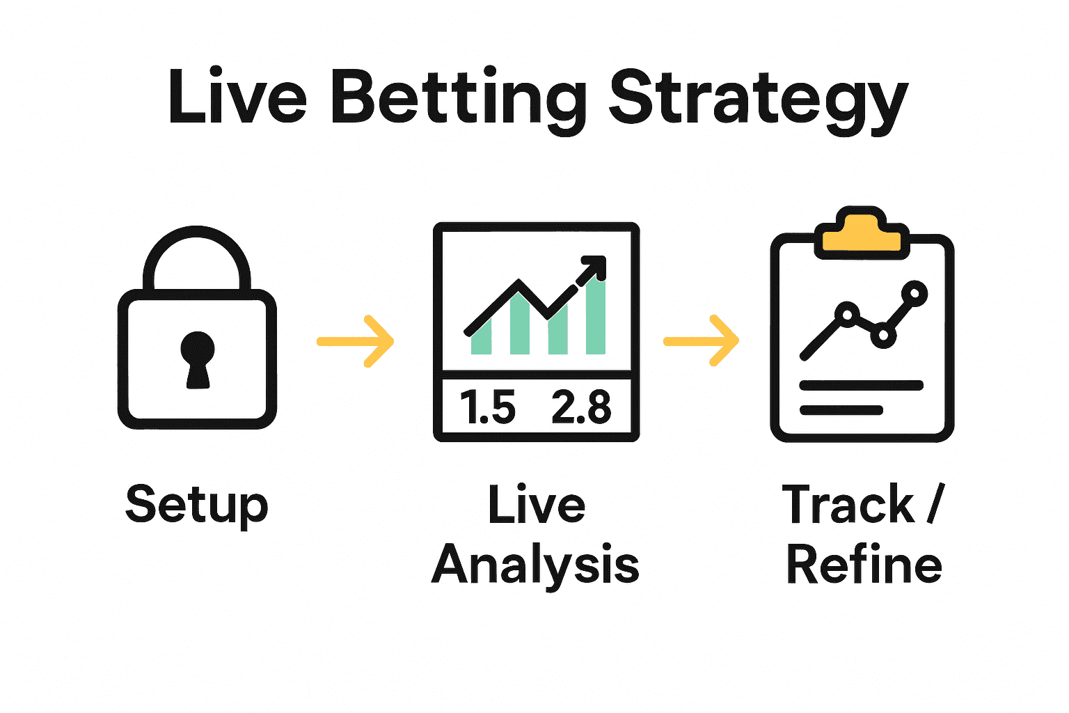 Infographic cycle of live betting: setup, real-time analysis, tracking.
