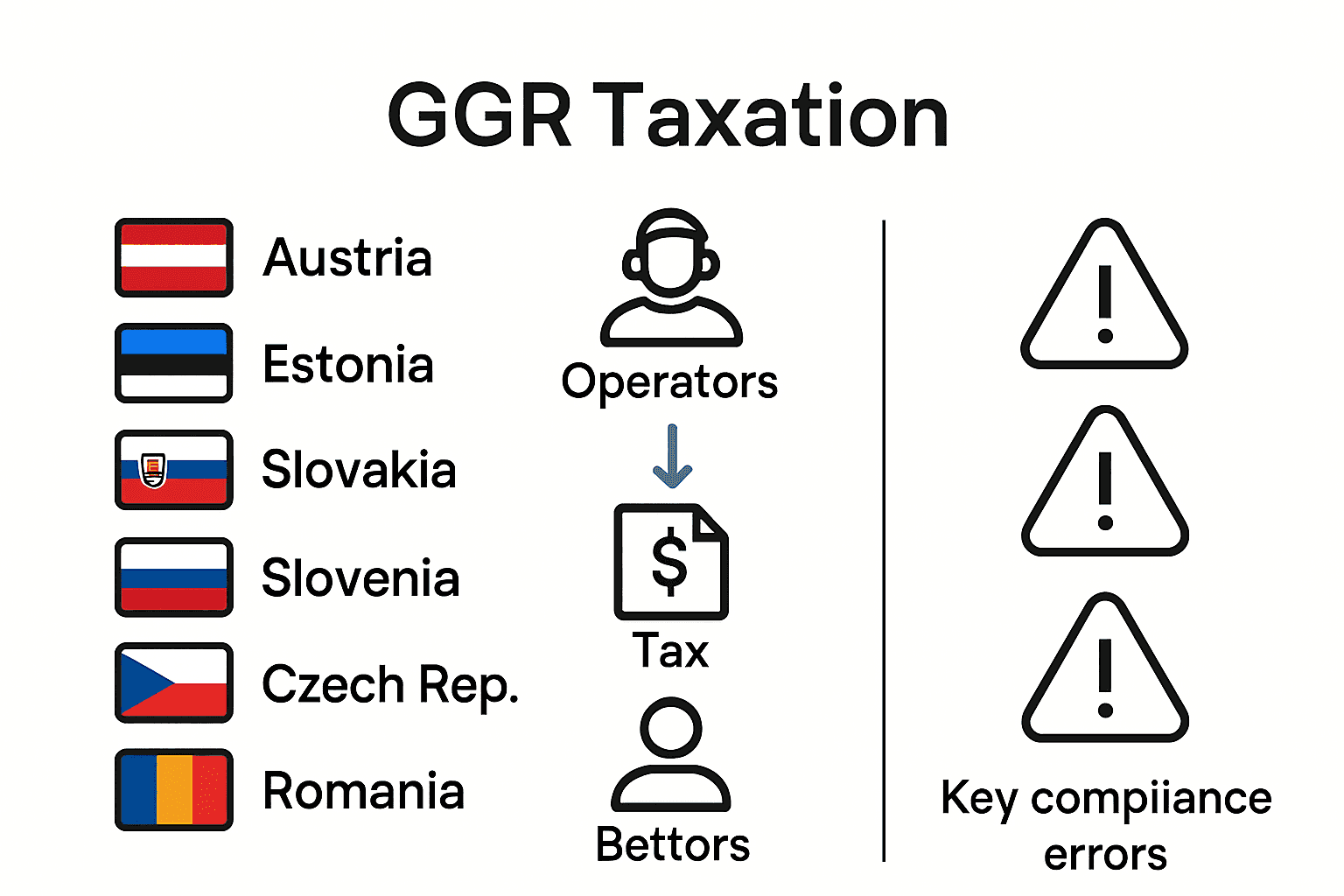 Infographic comparing sports betting tax rates and compliance errors across countries
