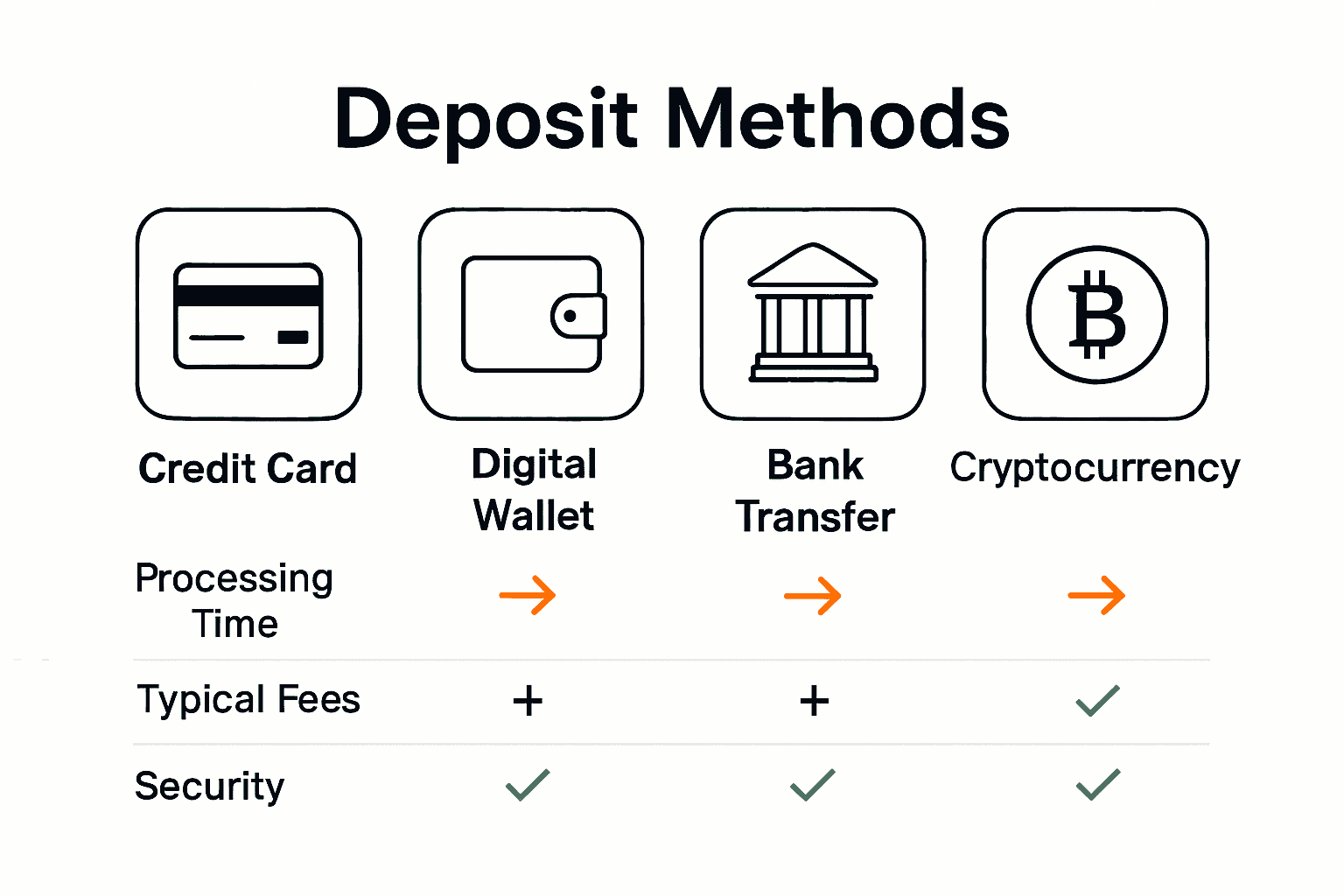 Infographic comparing betting deposit methods and their features