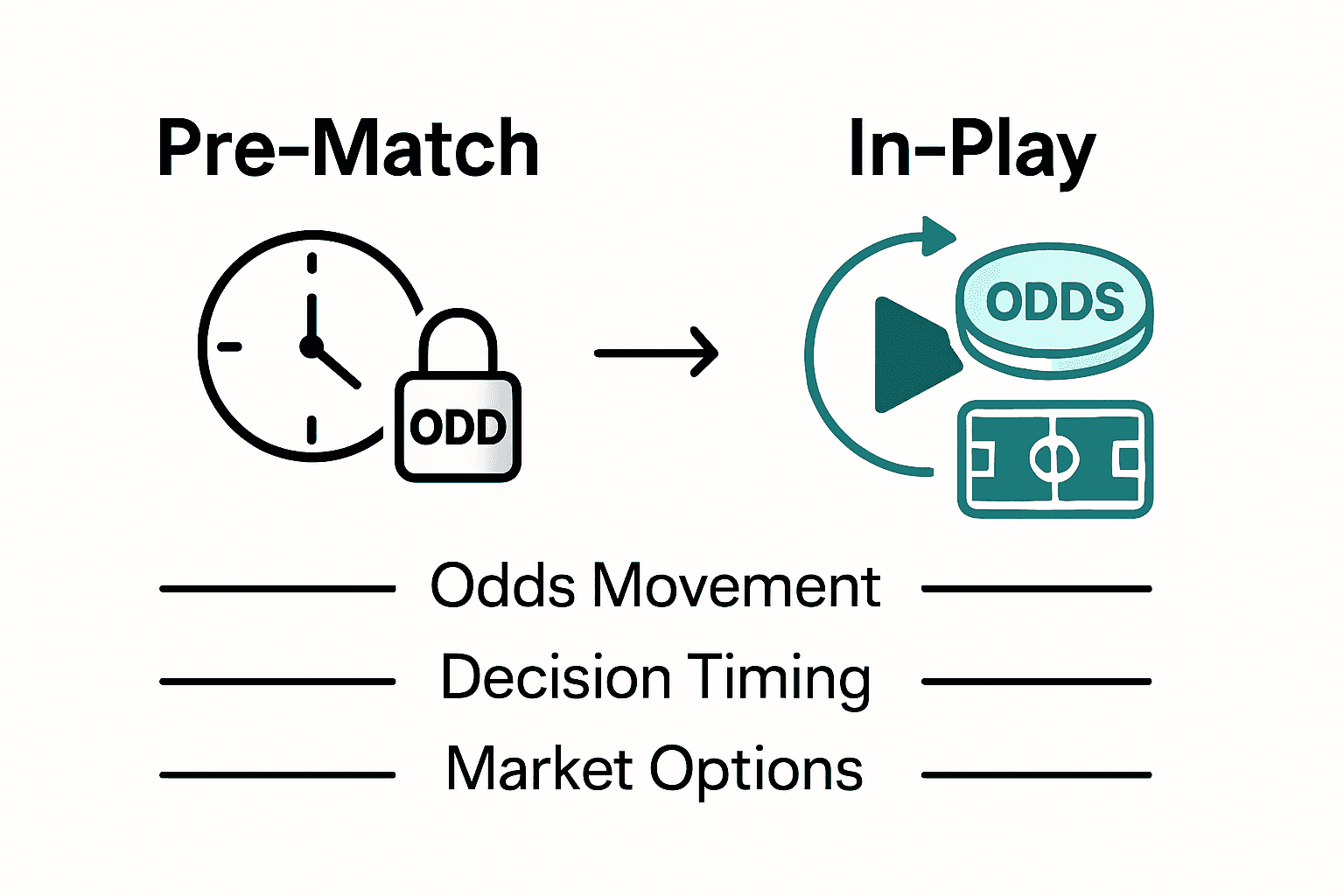 Infographic contrasting pre-match and in-play betting with icons and arrows.
