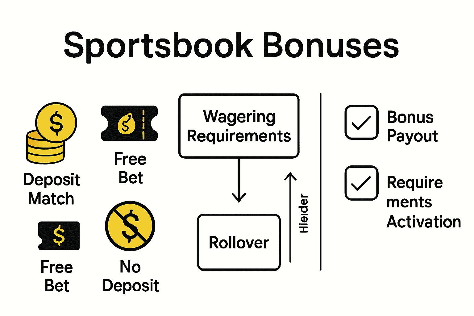 Infographic comparing sportsbook bonus types, wagering requirements, and payout activation steps
