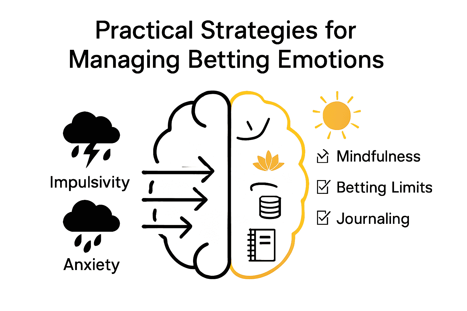 Infographic showing strategies to manage betting emotions using icons and arrows.