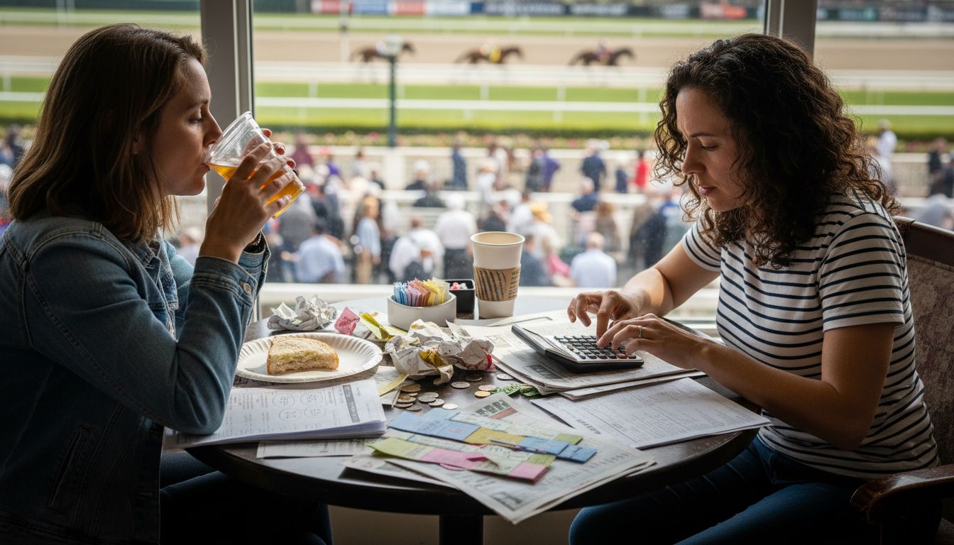 Women checking pooled betting tickets