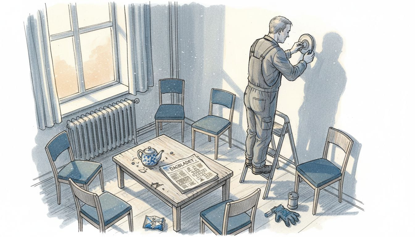 Pedellen tjekker luftsensorerne i opholdsstuen.