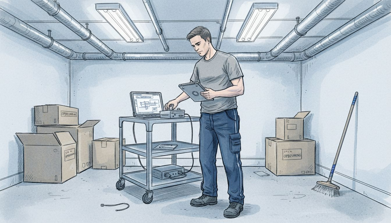 En tekniker justerer en sensor i lageret.