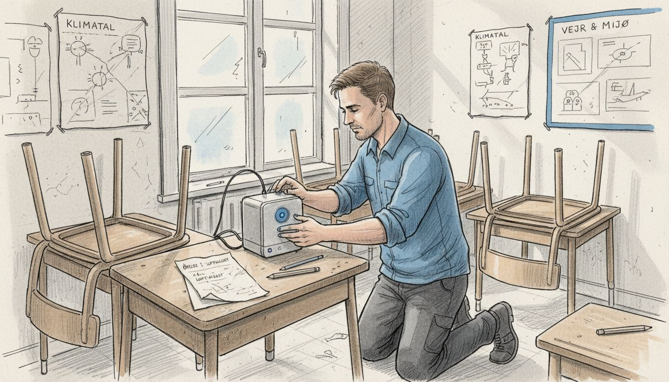 En tekniker er i gang med at måle CO2-niveauet i klasselokalet.