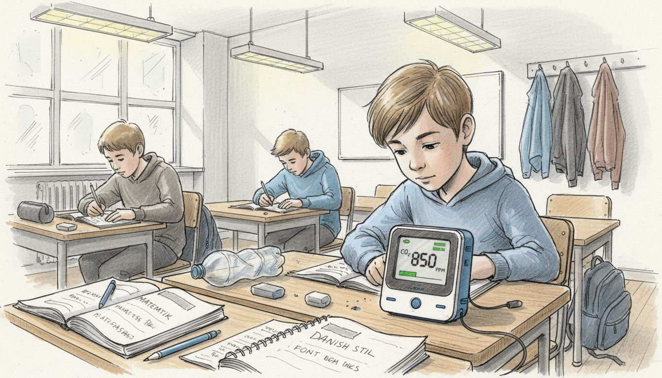 En elev undersøger CO₂-niveauet i klasselokalet