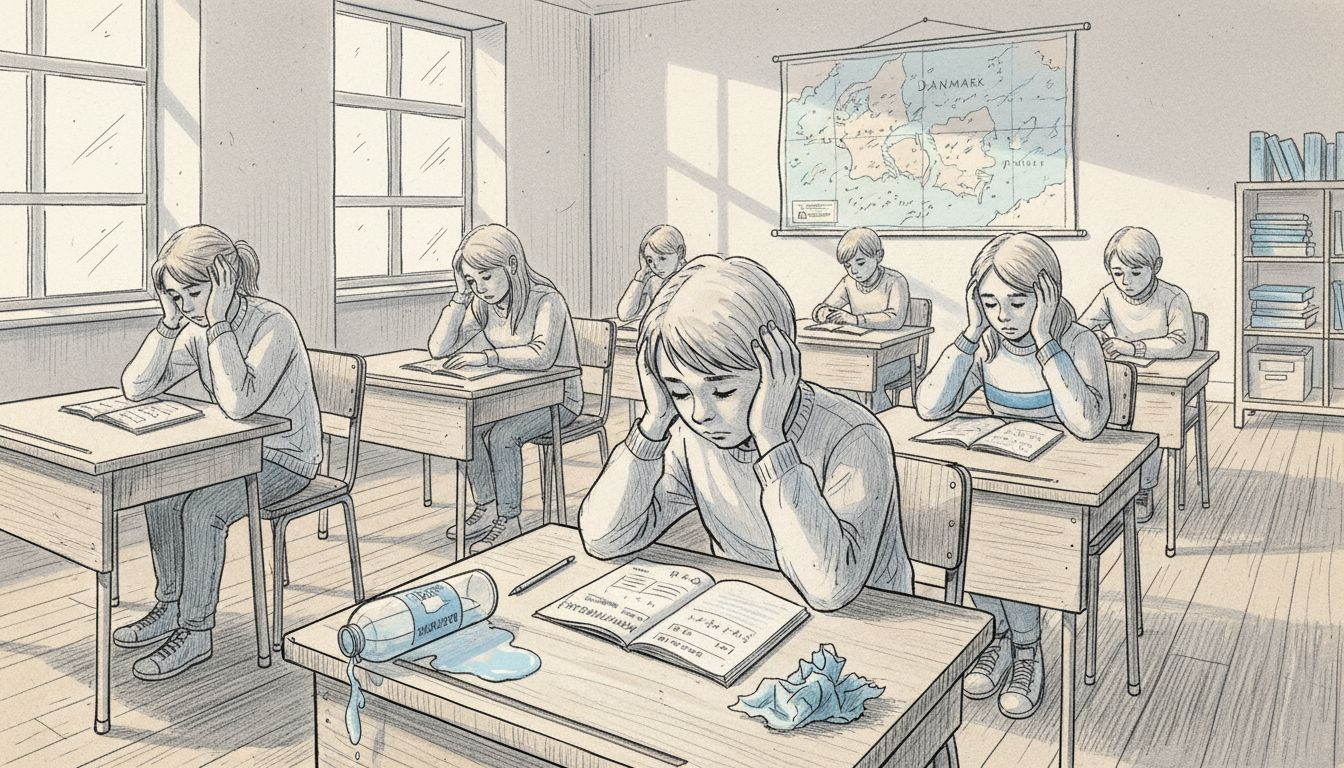 Eleverne ser trætte ud og sidder og hænger i det tunge, indelukkede klasselokale.