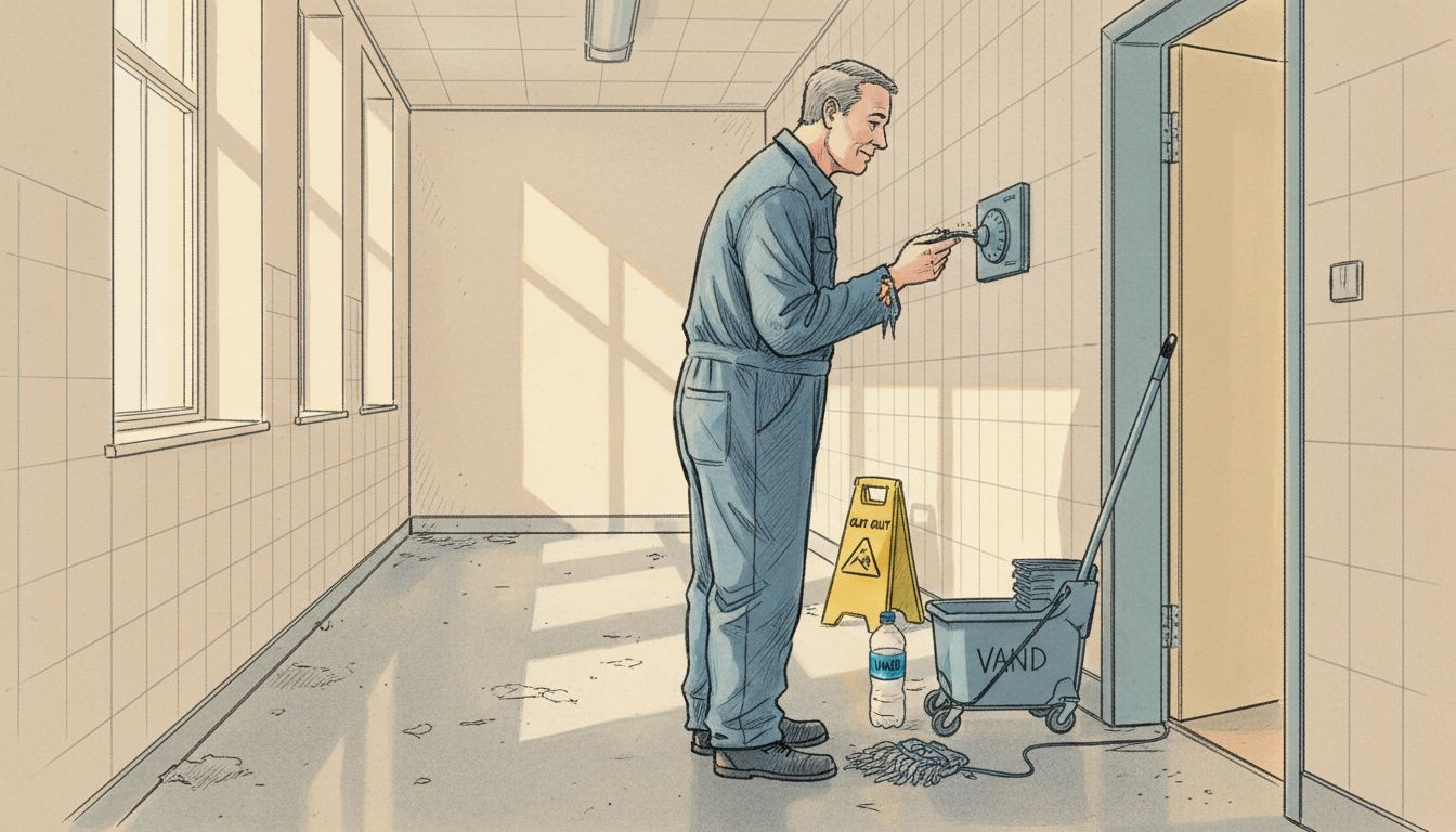 Pedellen justerer varmen uden for klasselokalet.