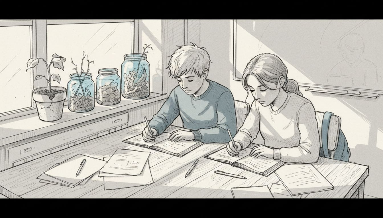 Eleverne sidder og arbejder ved vinduet, hvor dagslyset strømmer ind.