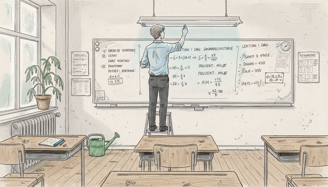 Læreren justerer lyset i klasseværelset en fugtig morgen