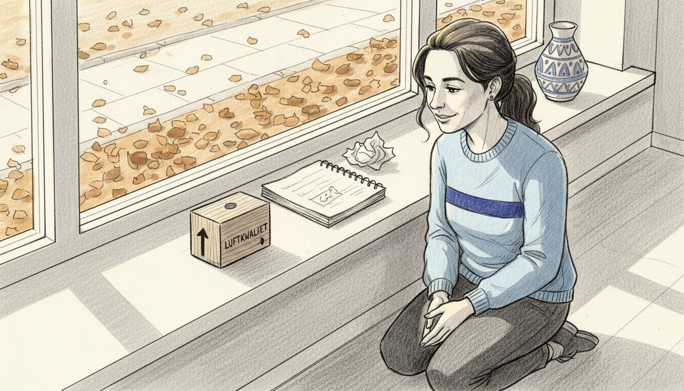 Læreren kigger på CO2-måleren ved vinduet for at tjekke luftkvaliteten i klasselokalet.