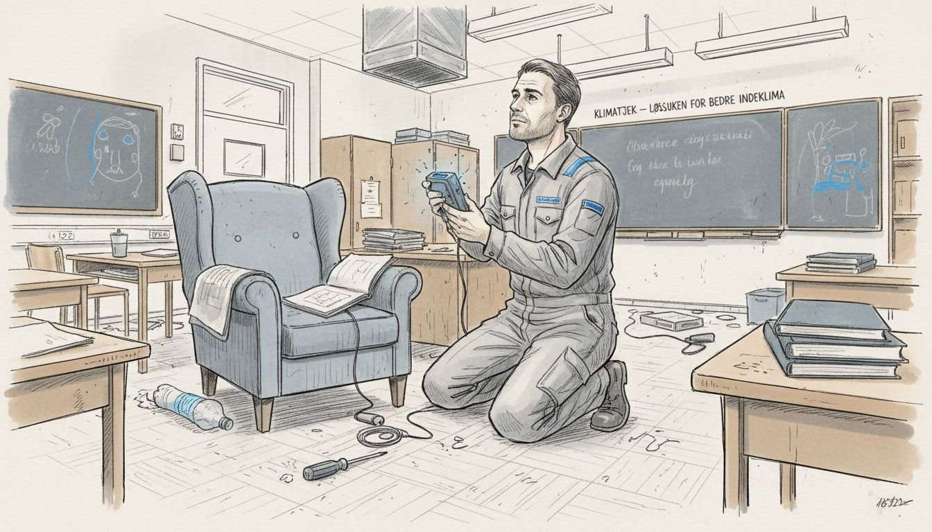 En tekniker er i gang med at måle luftkvaliteten i et klasselokale.