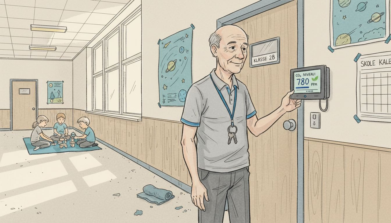 Pedellen tjekker CO2-måleren i klasselokalet.