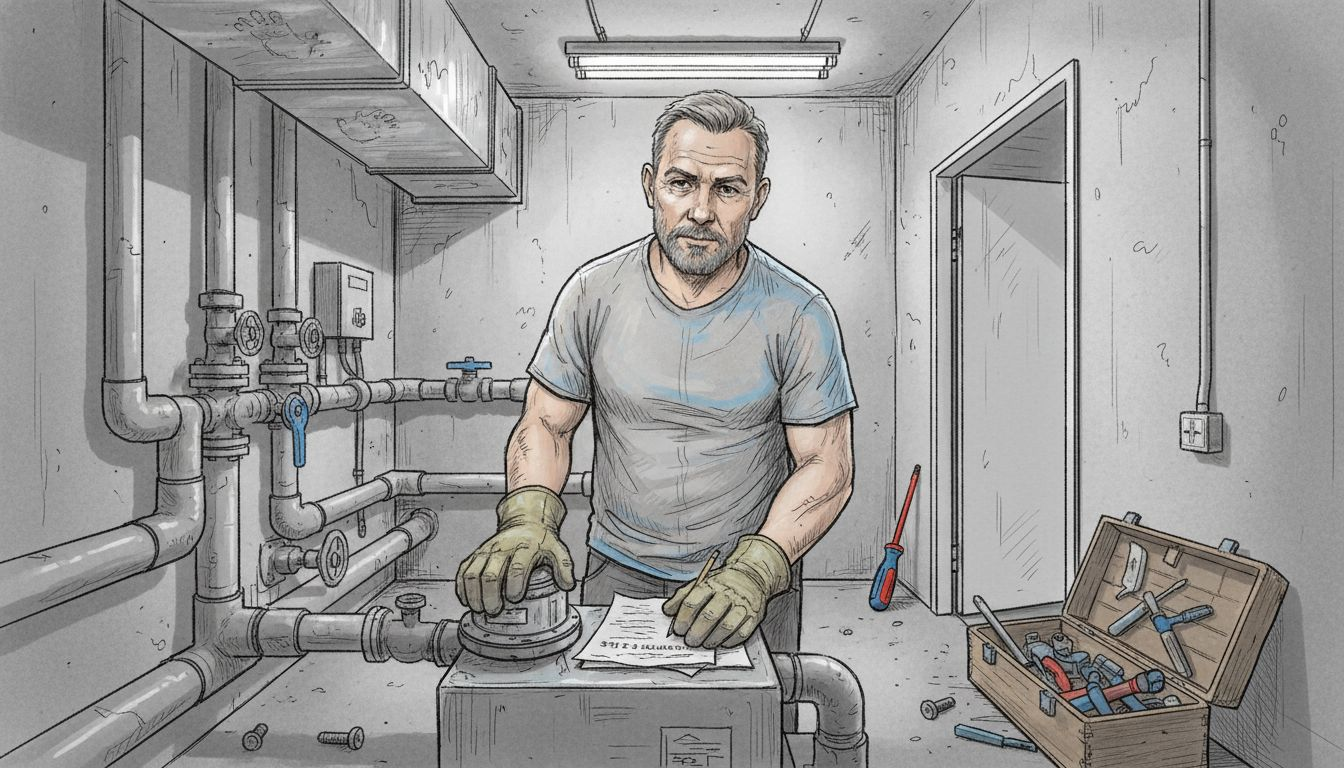 Viceværten gennemgår det hybride ventilationssystem inde i teknikrummet