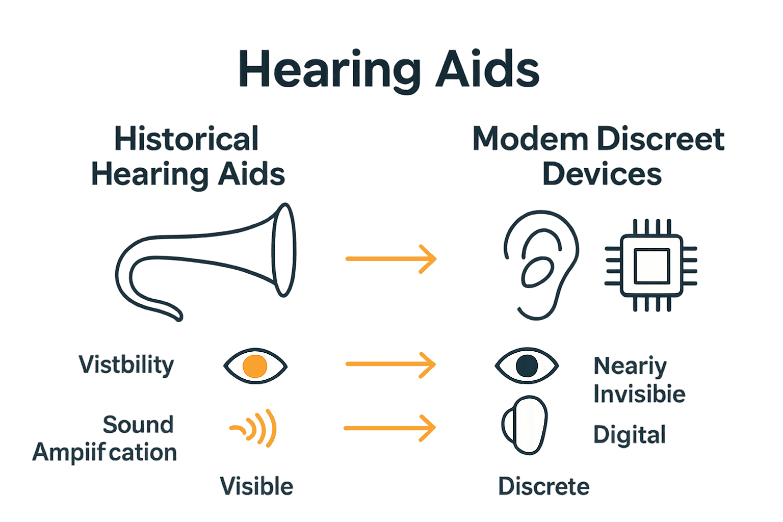 Infographic comparing old visible hearing aids to modern discreet ones with icons and labels.