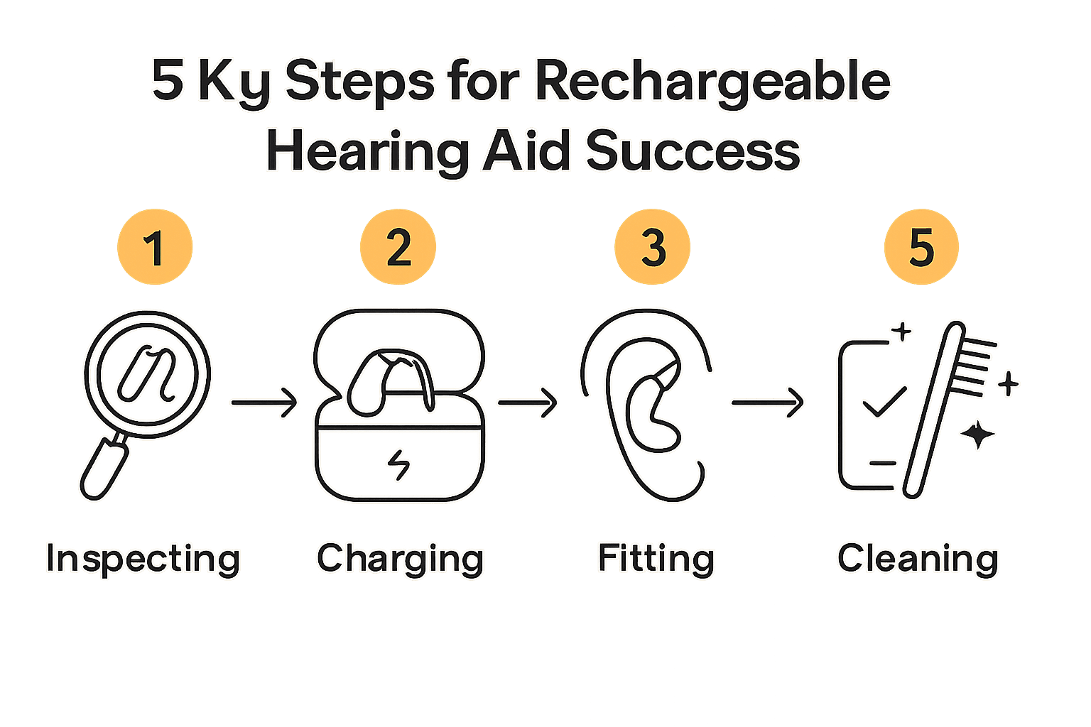 Infographic shows the five main steps to setup rechargeable hearing aids, with icons and brief instructions.