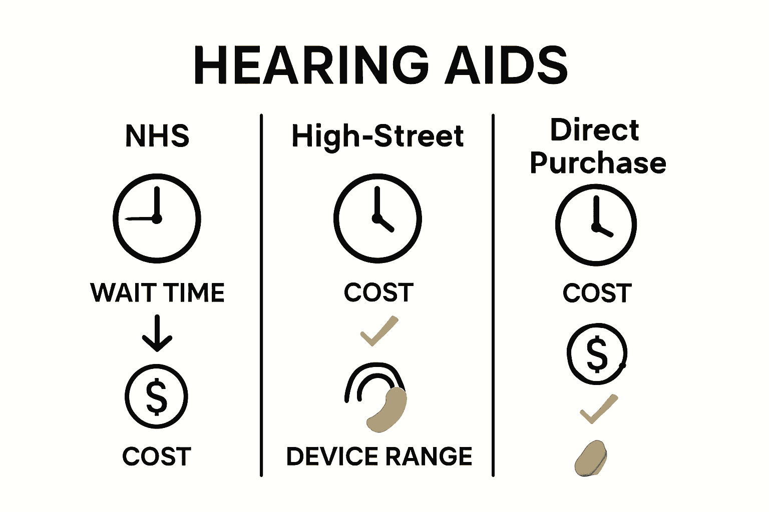 Infographic comparing NHS, high-street, and direct hearing aid purchase models.