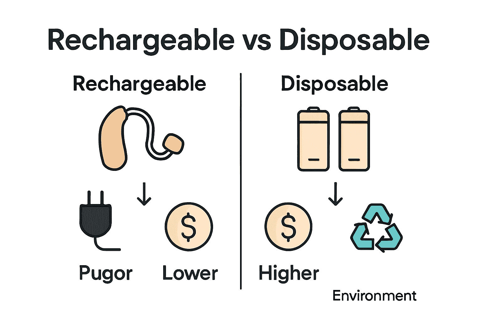 Infographic comparing rechargeable and disposable hearing aids by cost, convenience, and sustainability.