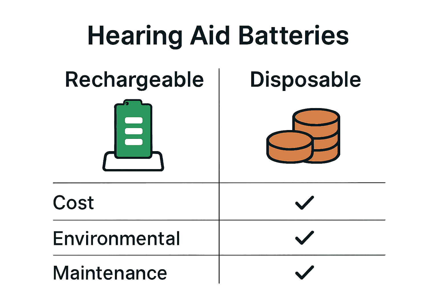 Infographic comparing rechargeable and disposable hearing aid batteries.