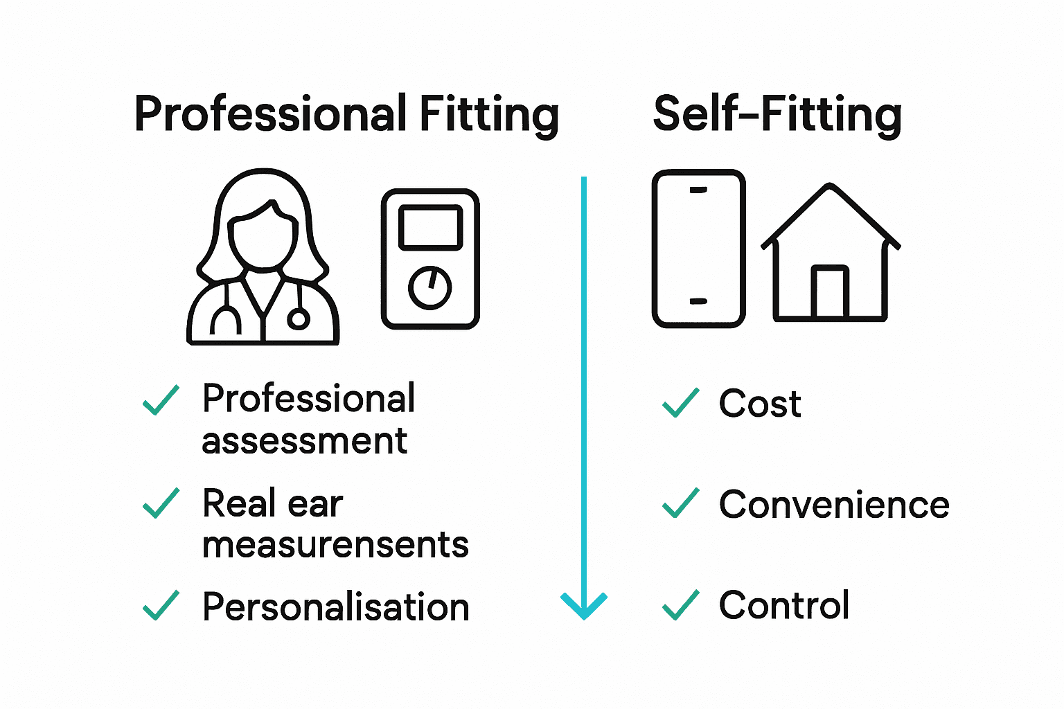Comparison infographic showing professional versus self-fitting hearing aid options and their main advantages.