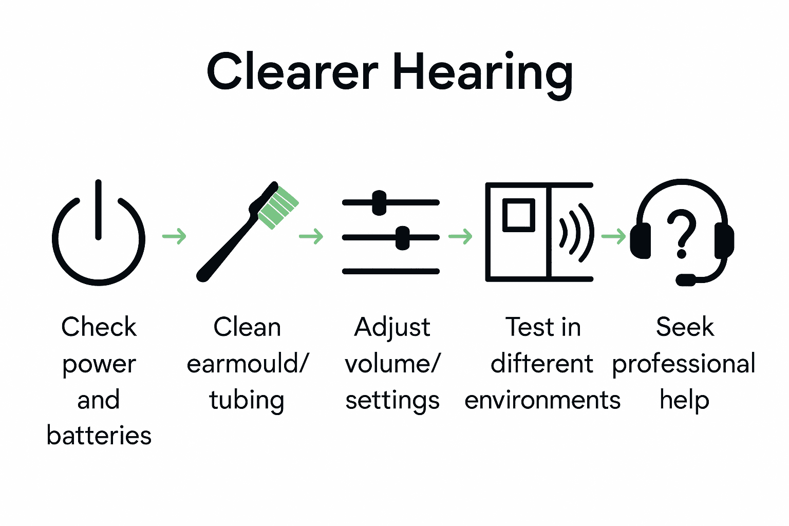 Infographic showing 5 steps for clearer hearing aid troubleshooting