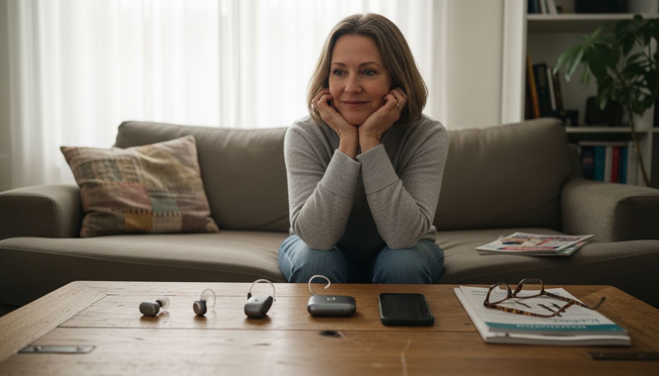 Woman comparing digital hearing devices