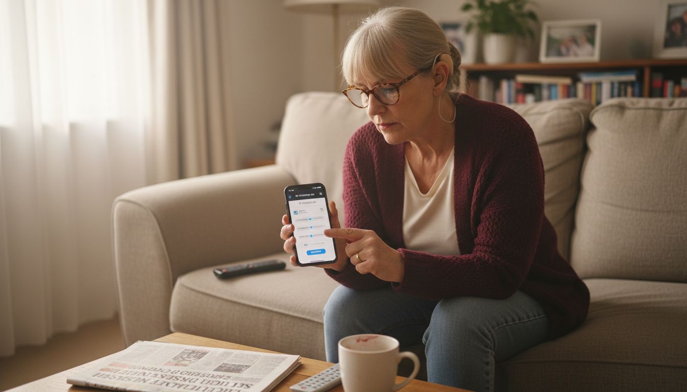 Woman adjusts hearing aid with smartphone app
