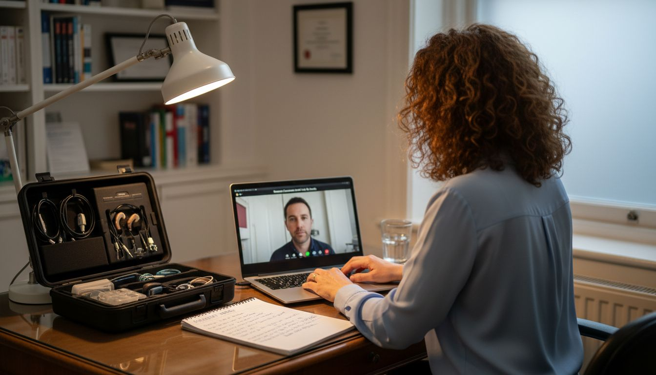 Audiologist video consulting patient about hearing aid