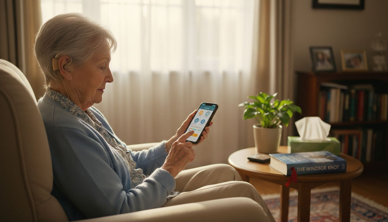 Woman adjusting hearing aid with smartphone app