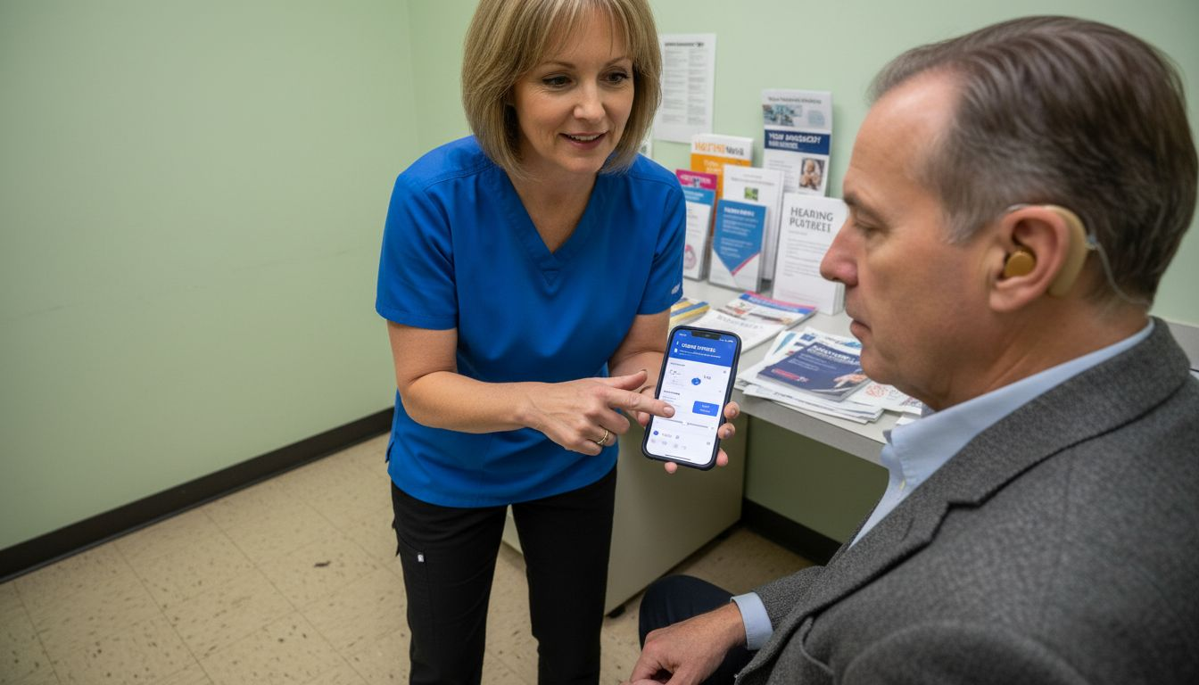 Audiologist showing hearing aid smartphone app