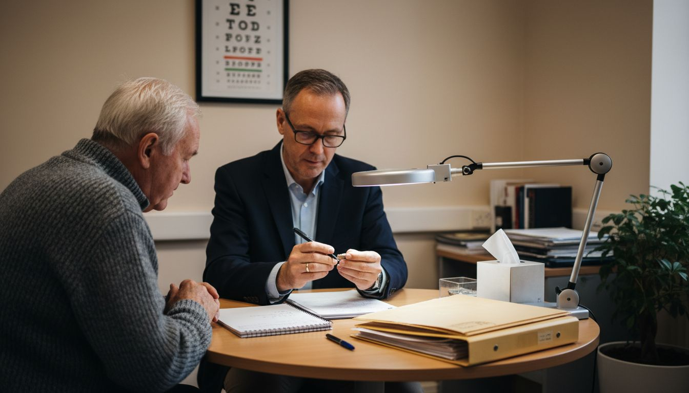 Audiologist teaching patient hearing aid care