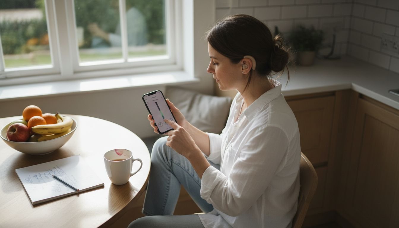 Woman adjusting hearing aids with smartphone