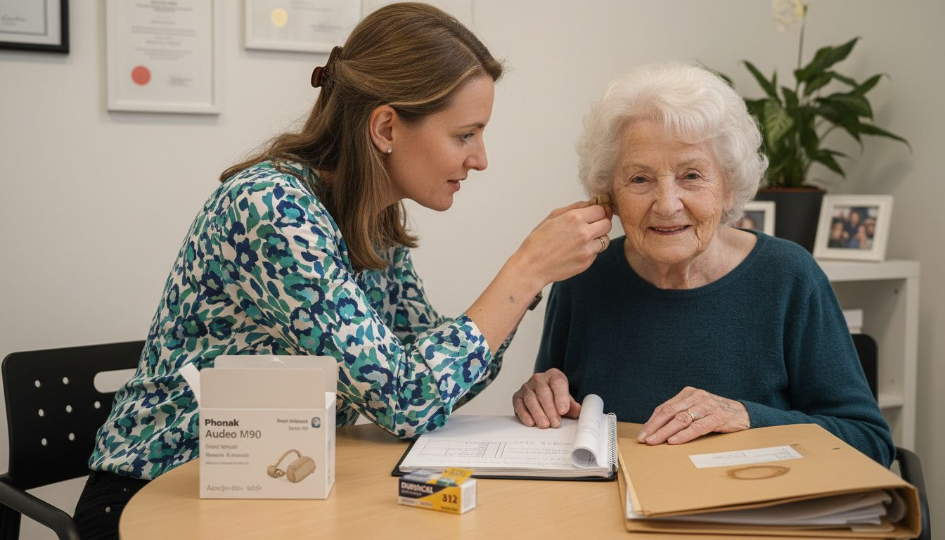Audiologist fitting hearing aid for elderly woman